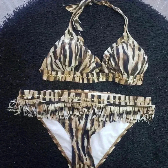 Guess Vintage Tiger Stripe Fringe Bikini - Picture 1 of 12